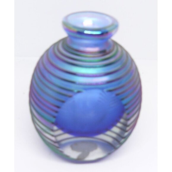 Handcrafted Iridescent Blue & Purple Threaded Glass Vase Czech Bohemian Vintage - Picture 1 of 5
